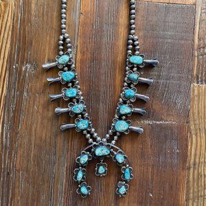 70s Silver Turquoise Squash Blossom Necklace